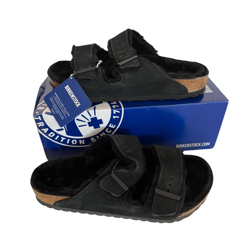 Birkenstock Arizona Shearling Black Suede Sandals 41 L10 M8 Fuzzy Slipper